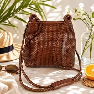 Laura Ashley VTG Woven Leather Crossbody/Backpack Purse Inner Pocket Mirror